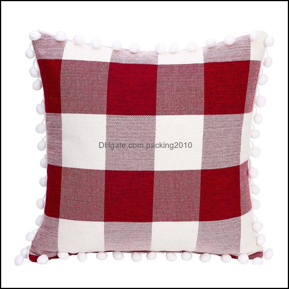 square plaid pillow cover with balls 45x45cm home sofa pillowcase red plaid throw pillow cushion cover pillow case christmas gift