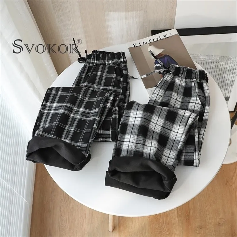 SVOKOR Winter-Samt-Hose mit weitem Bein, warm, schwarz, weiß, karierte Hose, locker, gerade, schlank, modischer Stil 220325