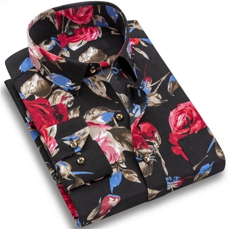 Mode män tryckta blommig långärmad casual skjorta mjuk tunt vår sommar standard passar social affärsklänning skjorta för man 220401