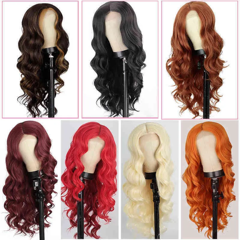 Hair Synthetic Wigs Cosplay Kookastyle Synthetic Long Wavy Wig Highlight Blonde Wigs for Black Woman Orange Red Middle Part Cosplay Hair 220225