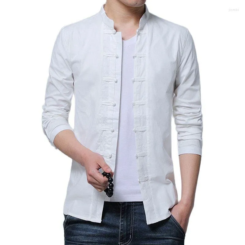 Chemises habillées pour hommes Style chinois chemise blanche hommes rétro à manches longues noir mince mode mâle décontracté Camisa vert hauts hommes