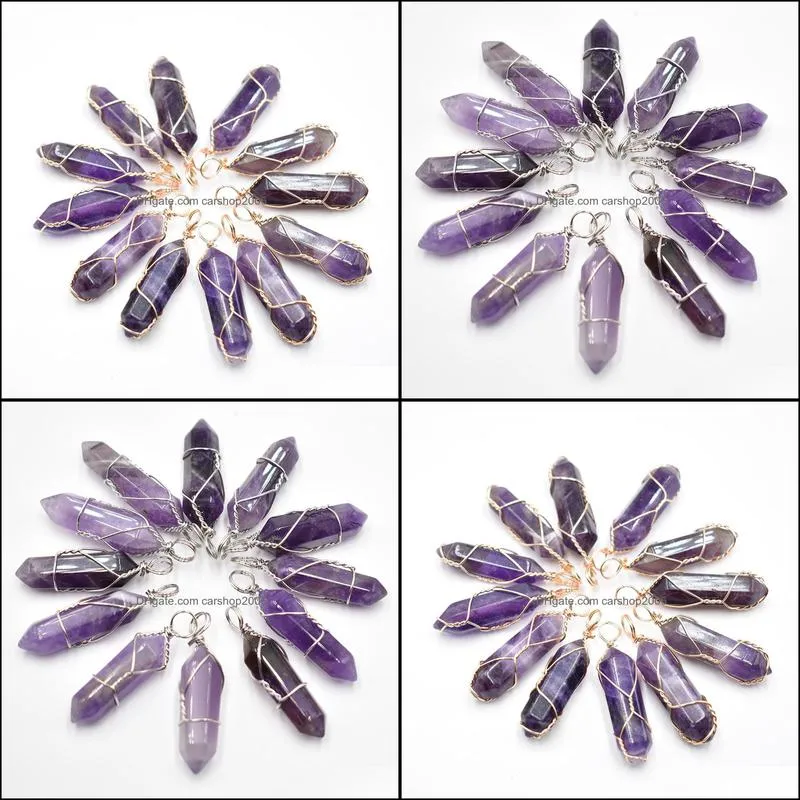 silver wire natural stone amethyst charms hexagonal healing reiki point pendants for jewelry making carshop2006