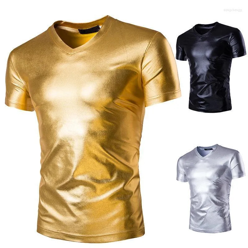 T-shirt da uomo Fashion Summer Shiny Men T-shirt con scollo a V Bright Nightclub Abbigliamento Sexy T-shirt manica corta Boy T-shirt oversize oro Xxxl 4x