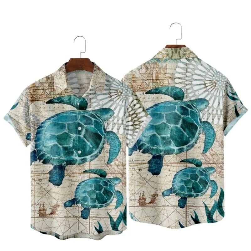 Chemises décontractées pour hommes Carte de l'océan Modèle de tortue Chemise d'impression vintage Mode Vacances Style d'été pour hommes et femmes