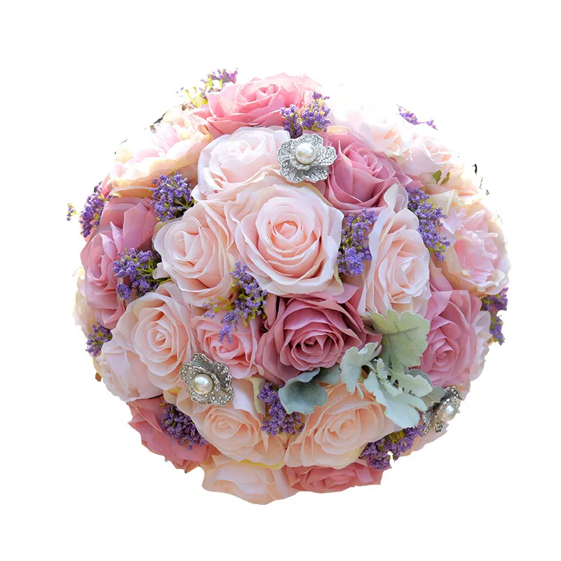 Bouquet da sposa per matrimonio Bouquet da damigella d'onore rosa Nastro di seta Decorazione di San Valentino Regalo con palla in rete di pizzo di perle  320