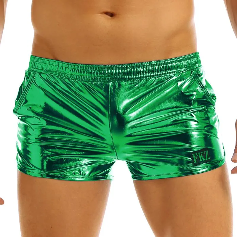 Shorts Masculino Masculino Brilhante Metálico Cós Baixo Elástico Cós Boxer Performance de Palco Roupa de Clube Traje Trunks Rave Party Roupa de Clube Masculino