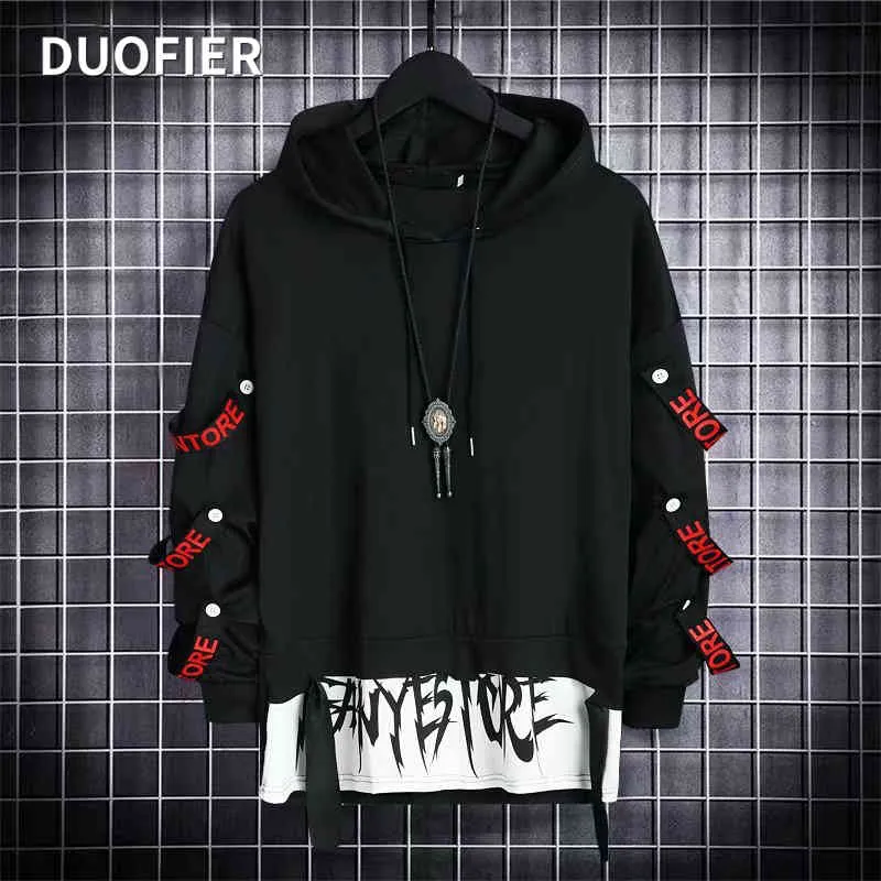 Men's Hoodies Sweatshirt Autumn Casual Black Techwear Hip Hop Harajuku Hoodie Men Ribbons Patchwork Japanese Streetwear Darkwear