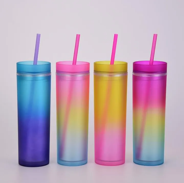 Vaso de acrílico recto de 16 oz con tapa Colores degradados de paja Taza de plástico de 16 oz 480 ml Botella de agua de acrílico de doble pared Sin BPA SN3708