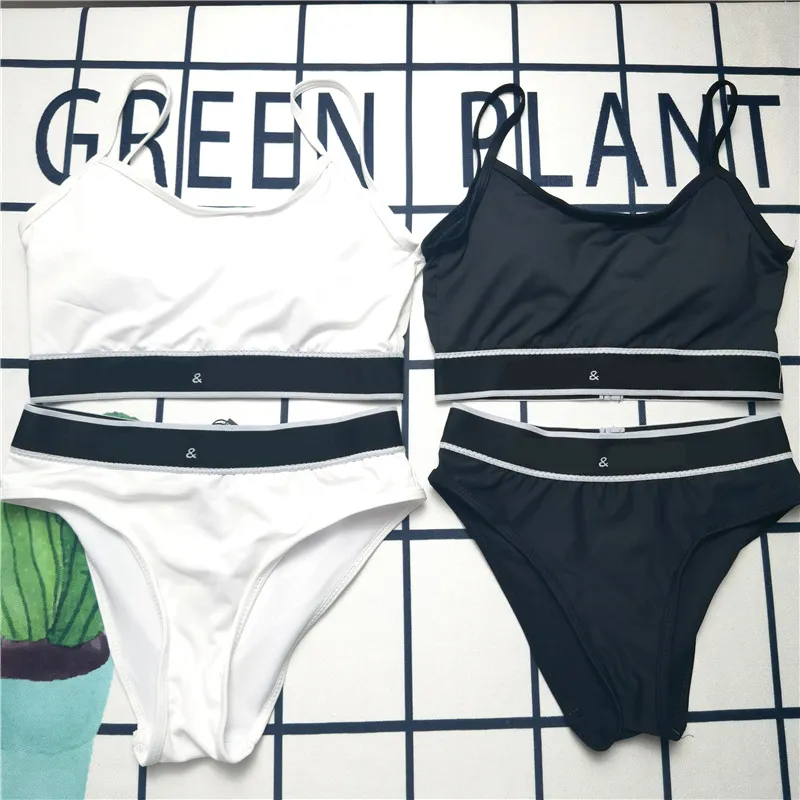 Summer Sports Sling Swimwear Women Split Swimsuit Letter Webbing High Waist Bikini Set Suspender Bathing Suits