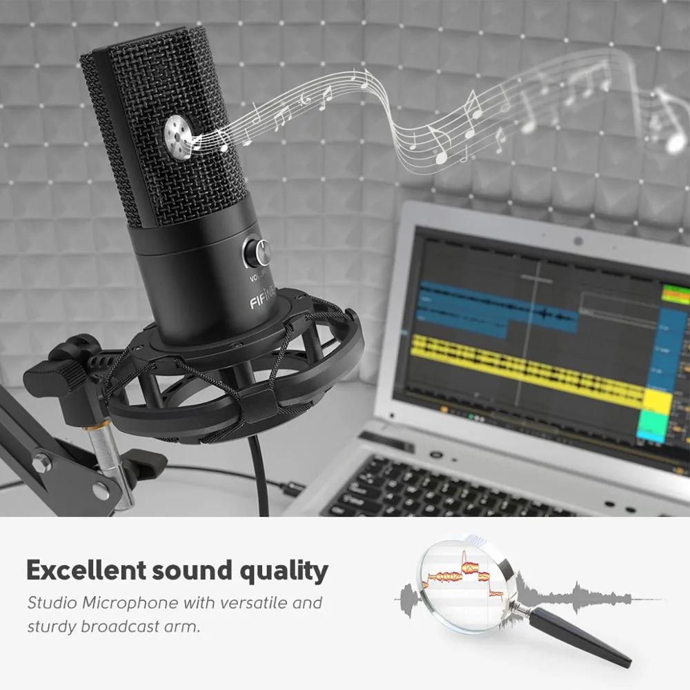 Fifine Studio Condenseur Kit de microphone d'ordinateur USB avec support à bras de ciseaux réglable Stand Montage de choc pour la voix YouTube Out-T669