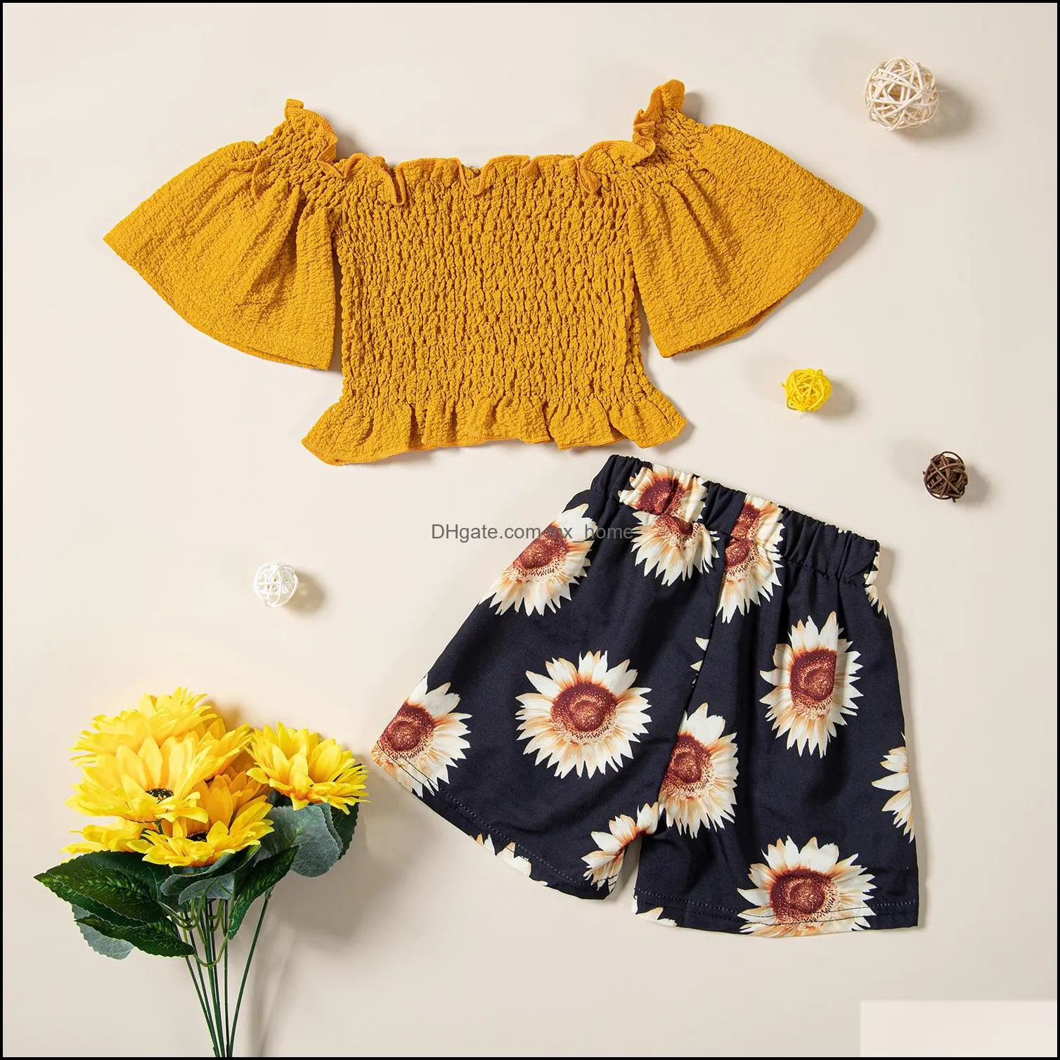 kids clothing sets girls outfits children ruffle off shoulder tops sunflower shorts 2pcs/set summer fashion baby clothes z6254