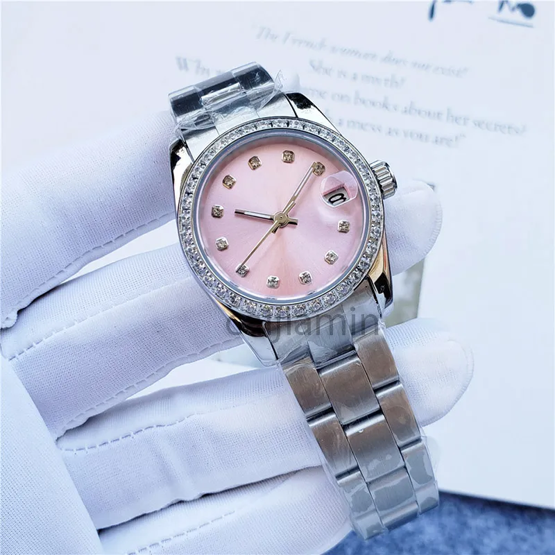 Ladies Watch 2813 Automatic Mechanical Diamond Ring pink face Stainless Steel Strap 28/31mm small size