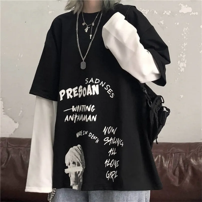 NicemixブラックレタープリントTシャツ緩いパンクTシャツ秋のハイストリートTシャツ面白い長袖TシャツストリートウェアGIR 220408