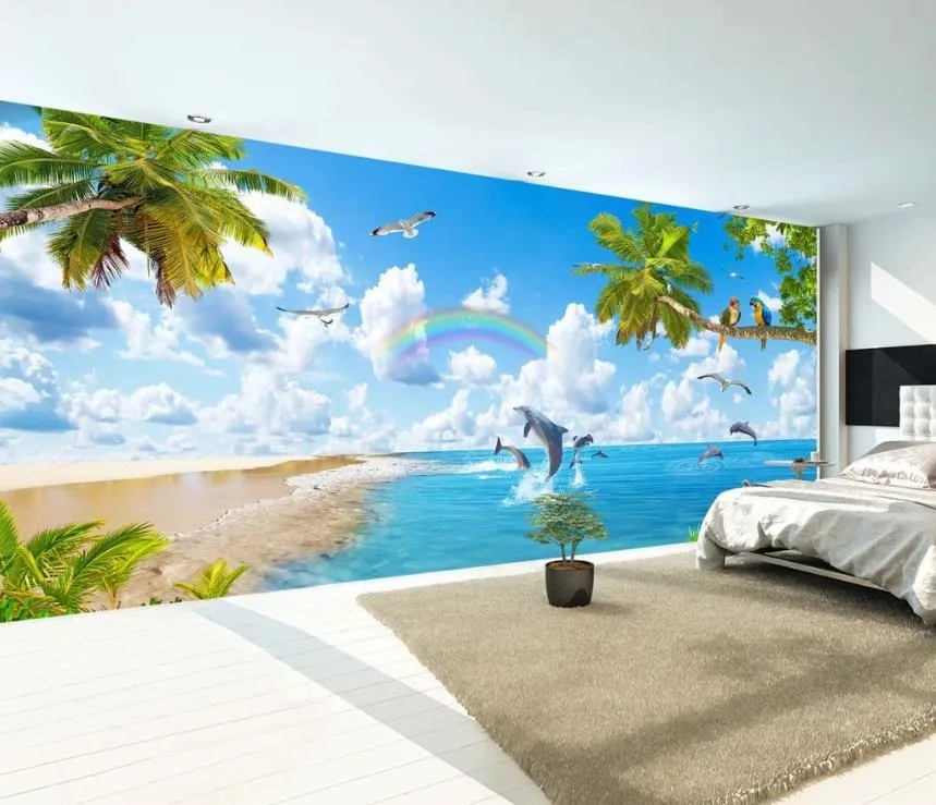 Обои 3d в области росписью кокосовое дерево дельфин белое облако пейзаж обои для кроватей комната детская спальня телевизор фона обои розыгрыши домашнего декора