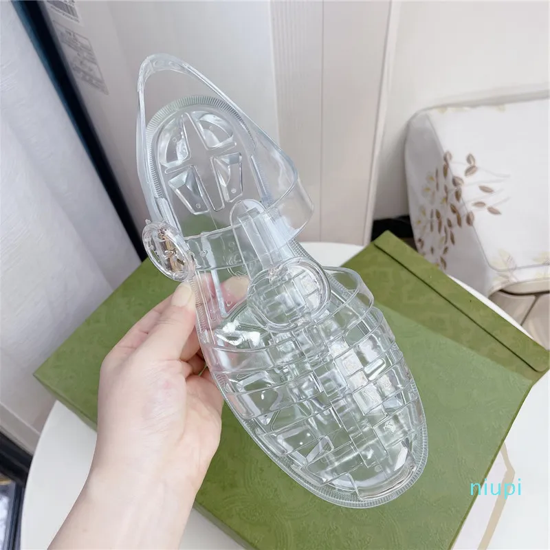 Fashion Womens Shoes Jelly Sandals Hollow Lace Low Heel Transparent Sports Sandals Size 36-40 f5625