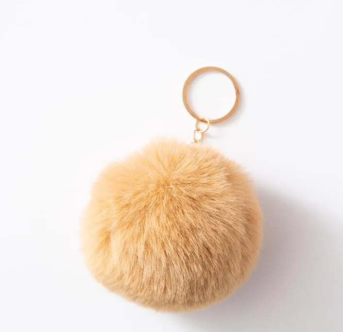 8 cm Pompom Keychain Car Key Rings Goud kleurenketens Pompons Fake Faux konijnbont charmes ketting diy pom poms ballen sleutelhanging dames tas hangerse sieraden geschenken 17 kleuren