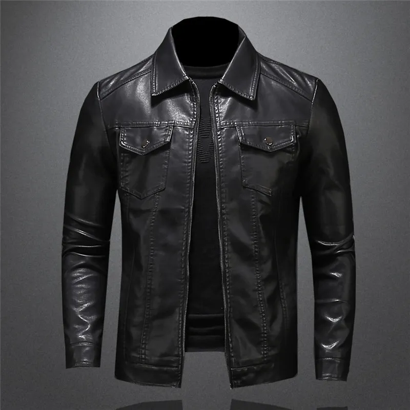Veste en cuir de moto pour hommes grande taille poche noir fermeture éclair revers Slim Fit mâle printemps et automne haute qualité manteau en polyuréthane M5XL L220816