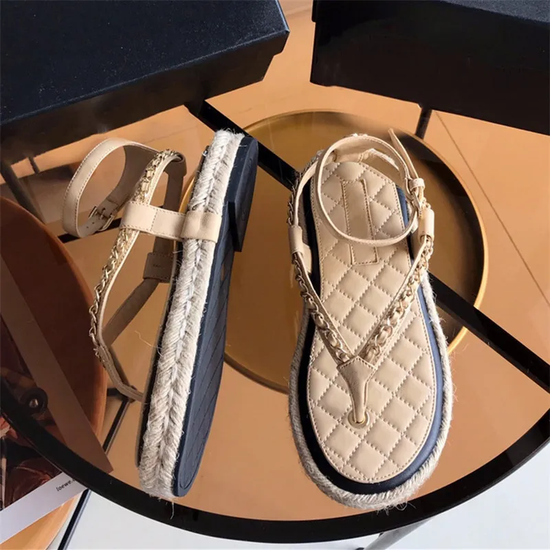 Holiday Flip Flops Fishermans Straw Woven Shoes Sandals Sheepskin Surface With Rubber Flat Bottomed Women Shoes Original high-end packaging