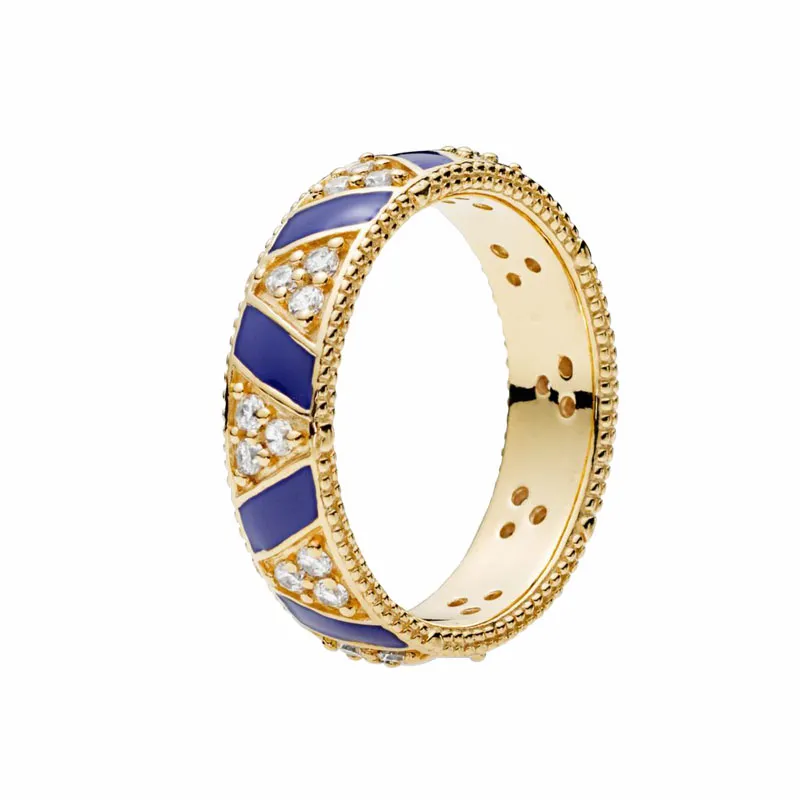 18k gouden blauwe strepen en stenen Ring Dames Heren Wedding Gift Designer Sieraden met originele doos set voor Pandora -ringen