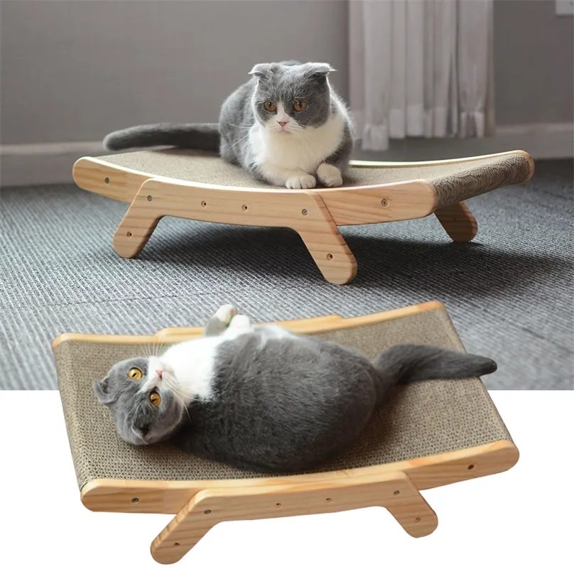 Houten kat scratcher schraper afneembare lounge bed 3 in 1 krabpaal voor s training slijpklauw speelgoed krasbord 220510