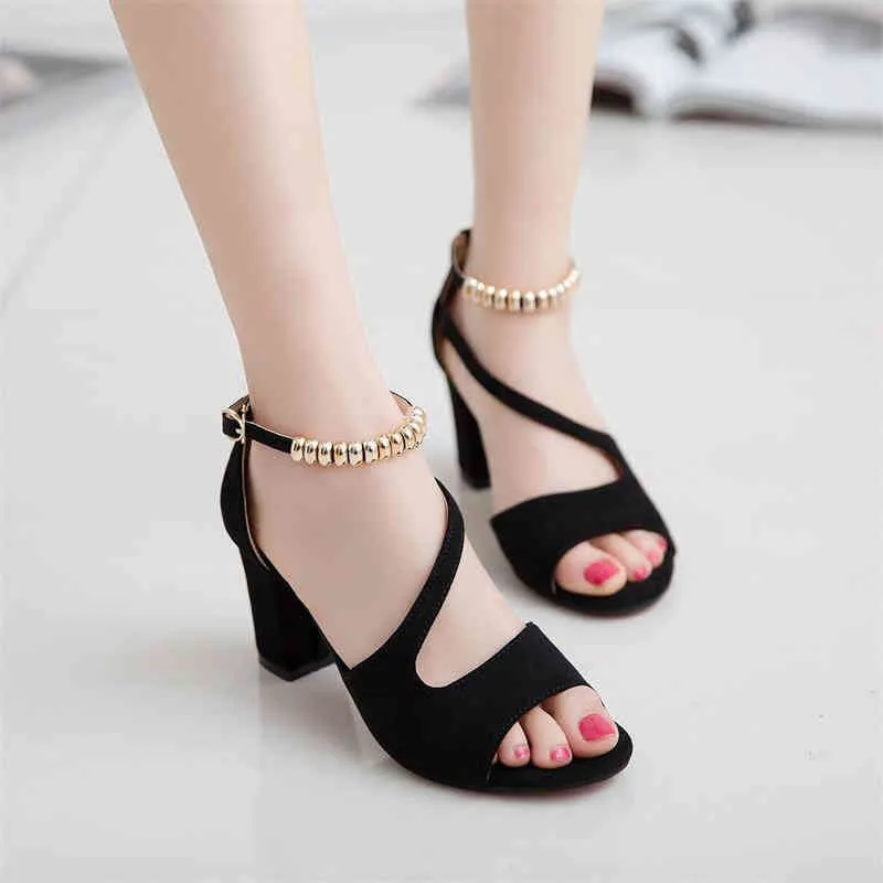 Top-quality Leather Beaded Sandals Woman Designer Summer High-heeled Shoes Fahion Rough Heel Women Stiletto 39 S Ladies` Work Shoes Metal