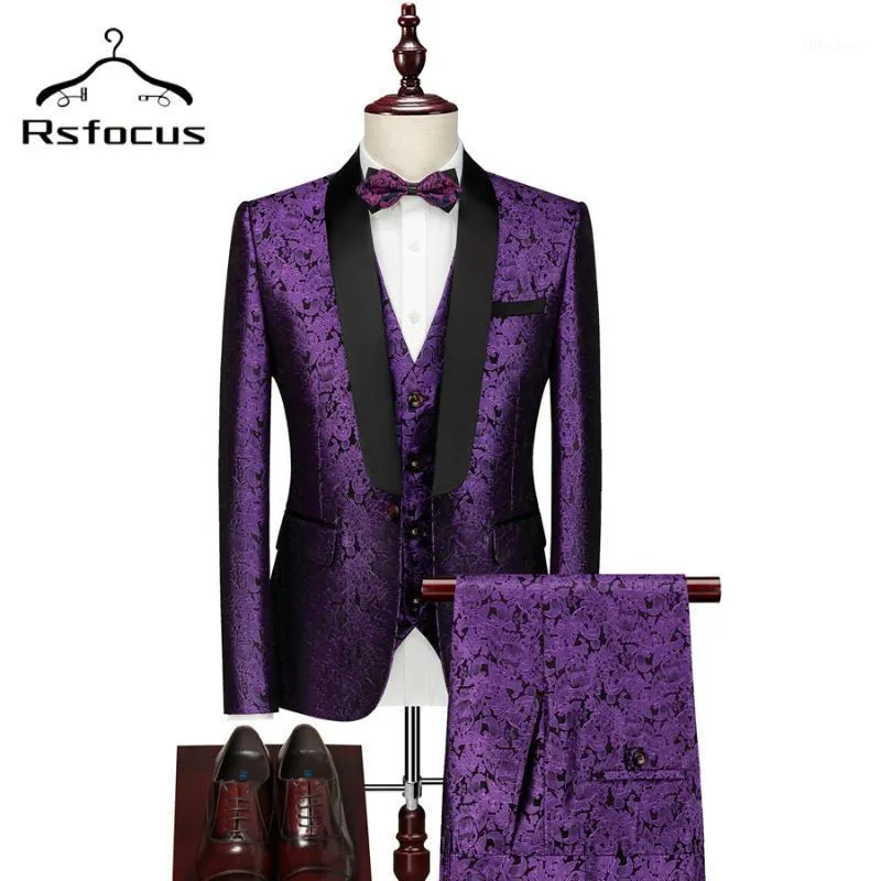 Ternos masculinos Brazers RSFOCUS Purple Wedding Terno para Homens Slim Fit Floral Jacquard Prom Festa 6XL Alta Qualidade Elegante Mens Casual TZ073