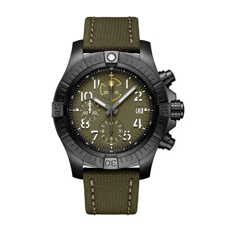 46mm Male Wristwatch Men Quartz Chronograph Watch Black Green Canvas Rubber Strap Sapphire Crystal Waterproof