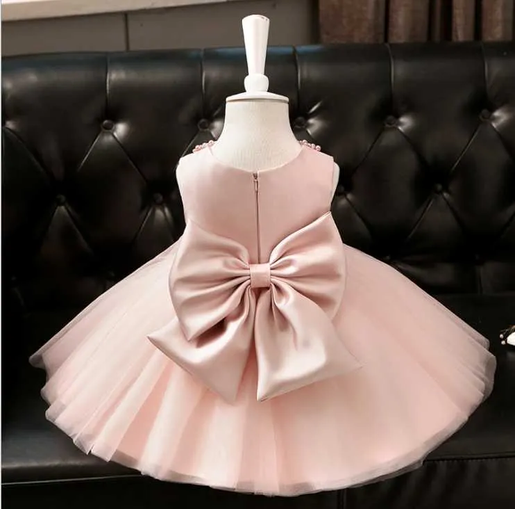 Girl's Dresses High Quality Customized Baby Girls Birthday Party With Big Bow Pearls Tulle Little Princess Clothes Size 2-10YGirl's