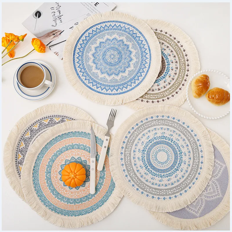 33 cm Bohemian Mandala Cotton Rope Woven Placemats Macrame Tassels Table Mats Isolering Kuddar Kaffekupan Coaster Farmhouse Decor Props