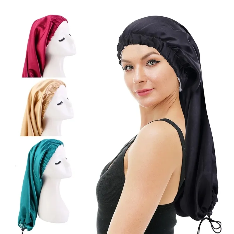 Satin sommeil Bonnet de nuit Bonnet Long Tube cheveux chapeau de couchage bonnet de nuit enveloppement soins des cheveux Bonnet femmes bonnet de douche foulard réglable