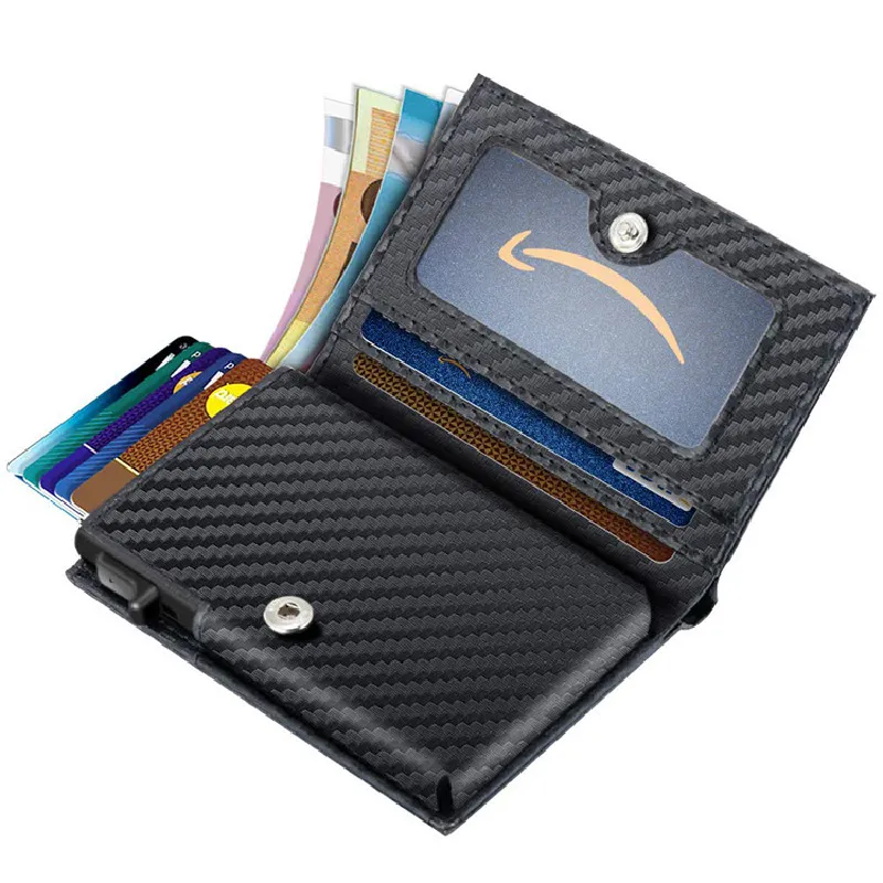Carbon Fiber Leather Business Metal Aluminum Wallet for Men RFID Blocking 100 Genuine Slim Pop Up Card Holders 220608