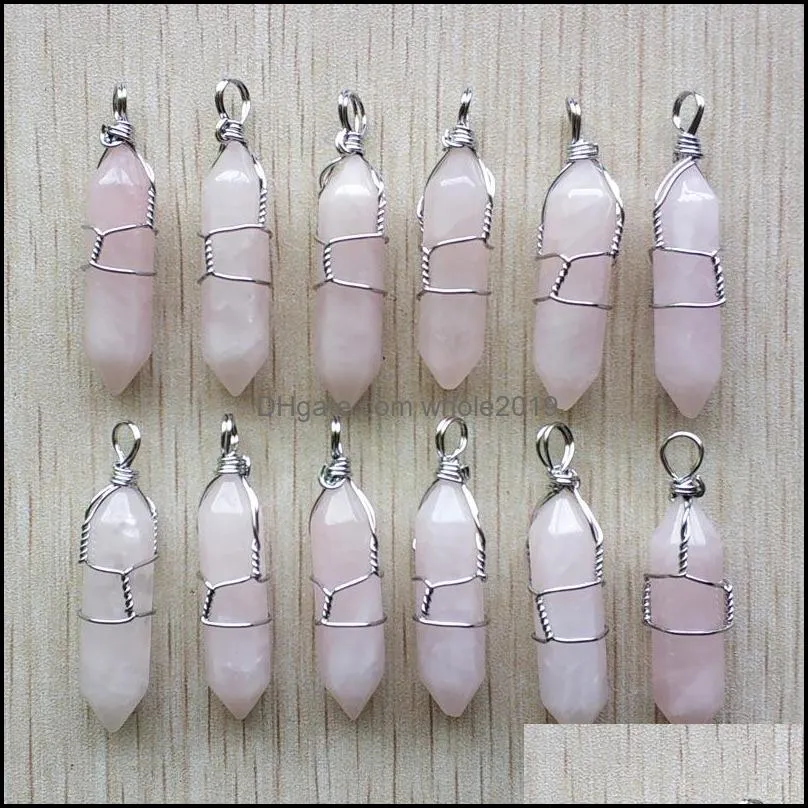 Charms sieraden bevindingen componenten diverse natuursteen roze kwarts handgemaakte ijzeren draad hangers punt zeshoekige pil dhqom