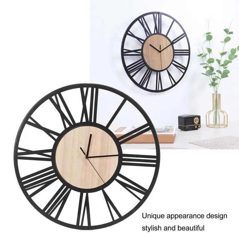 Horloges murales horloge unique conception de grain de bois circulaire 40 cm fer suspendu pour bureau restaurant salon horloges murales