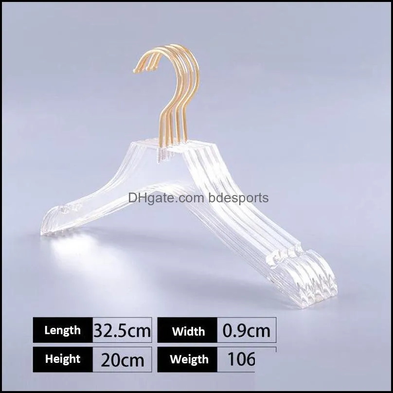 Luxury Clothes Hangers Clear Acrylic Dress Hangers with Gold Hook Transparent Shirts Holders with Notches for Lady Kids