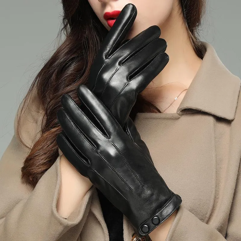5本の指の手袋本物の革の女性冬の暖かさとベルベット風の防風タッチスクリーンドライバーシープファッション
