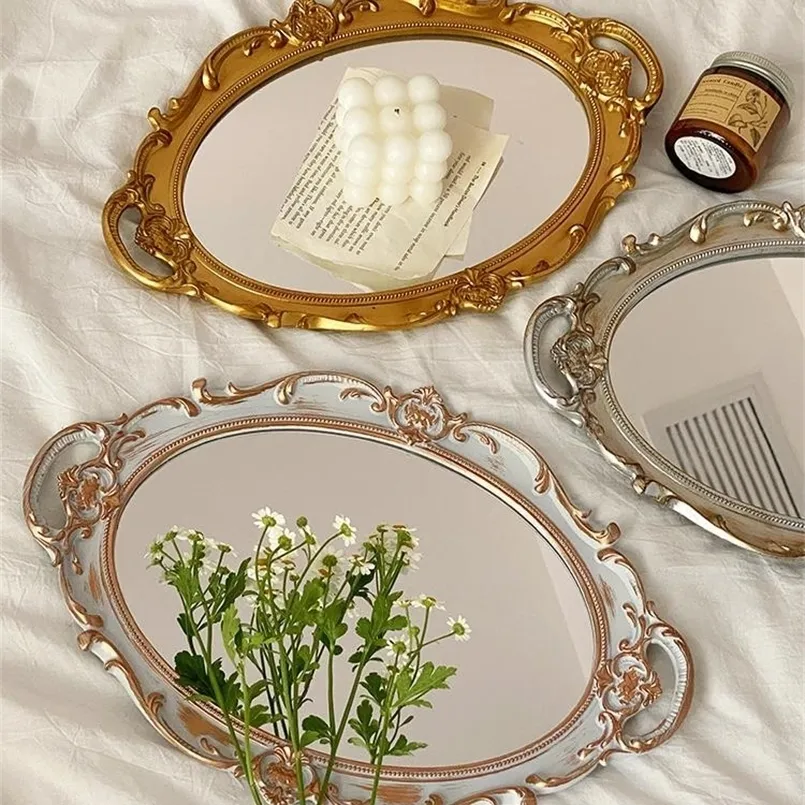 Europeisk dekorativ platta förvaringsfack oval platta smycken Display Rotary Candy Decor Tray Mirror Decorative Make Up Mirror 220719
