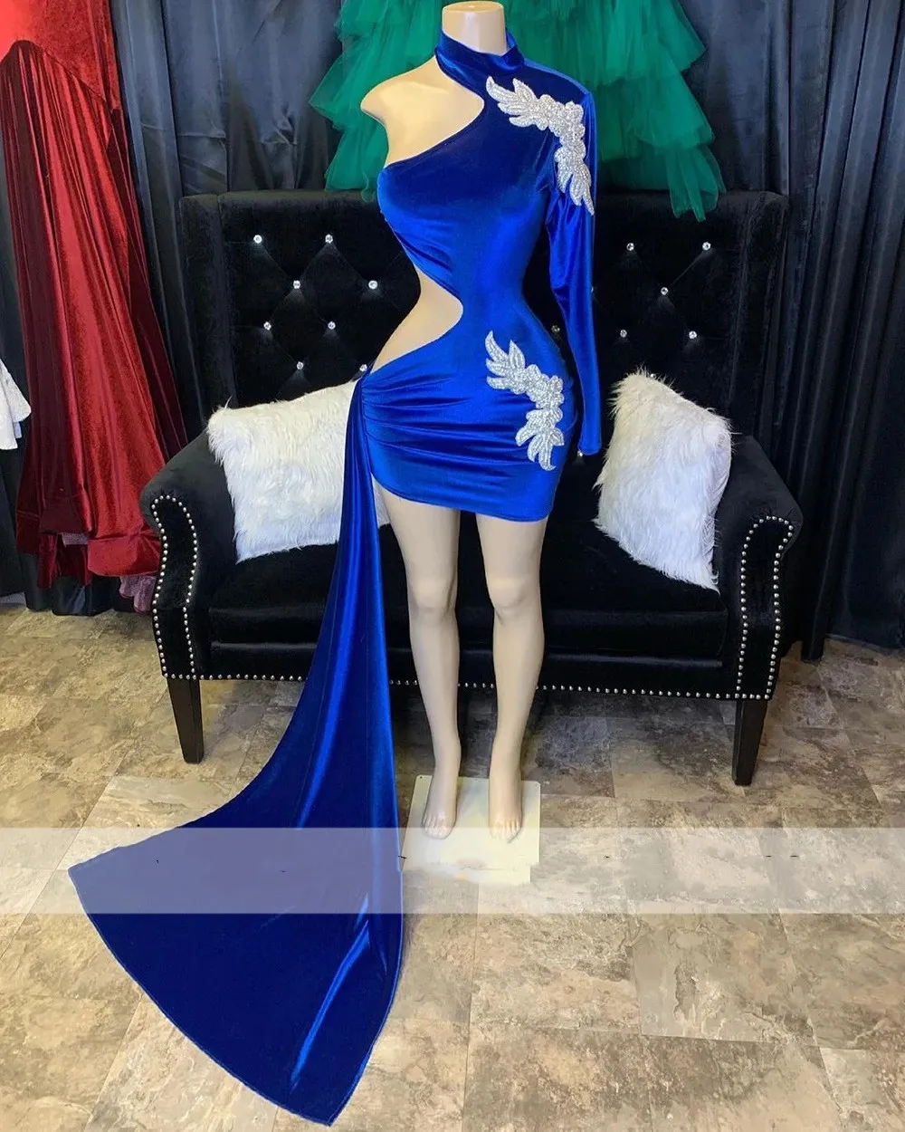 Royal Blue Veet Short Prom 생일 파티 드레스 섹시 한 어깨 미니 꼬리 홈 커머스 이브닝 가운 Robe de Bal