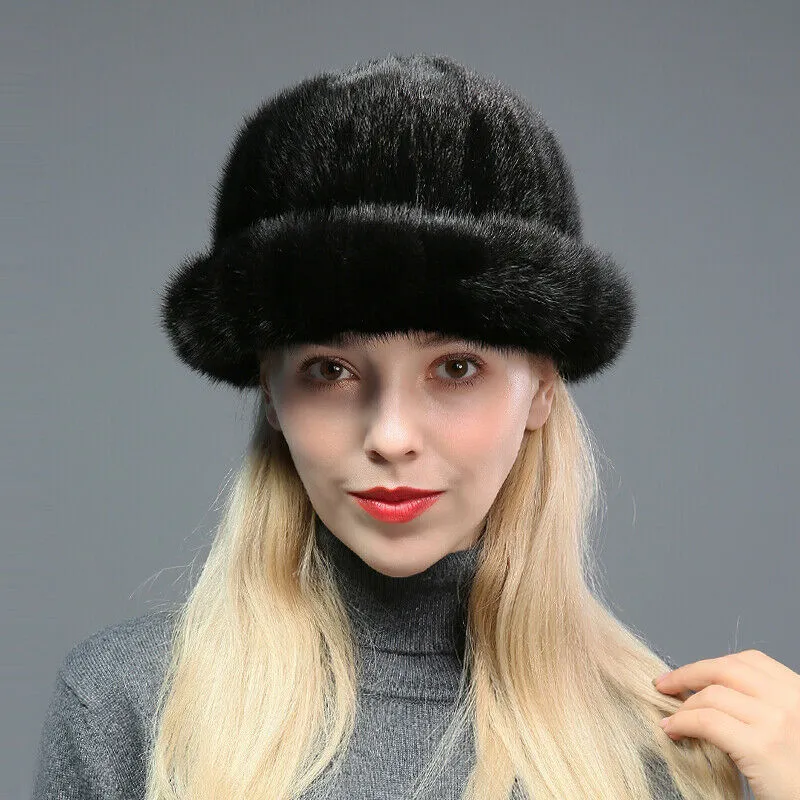 Real Whole Mink Fur Top Hats Women Winter Warm Earmuffs Cap Black Wine Red