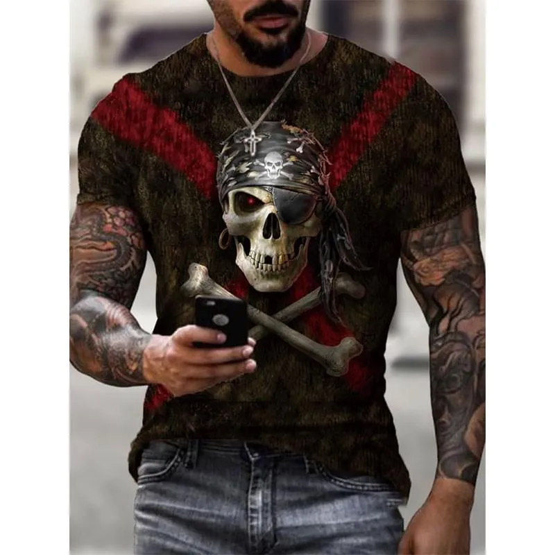 Men's T-Shirts Summer T-shirt Fashion Personality Skull Print Hip-hop Trend Street Wear Casual O Collar T Shirt