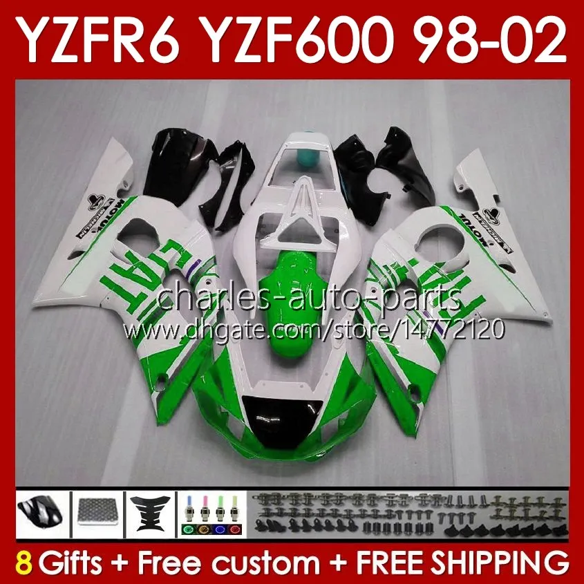 Estação branca verde corporal para Yamaha YZF-600 YZF R6 R 6 600CC YZFR6 1998 1999 00 01 02 Bodywork 145No.202 YZF 600 CC Cowling YZF-R6 98-02 YZF600 98 99 2000 2001 2002