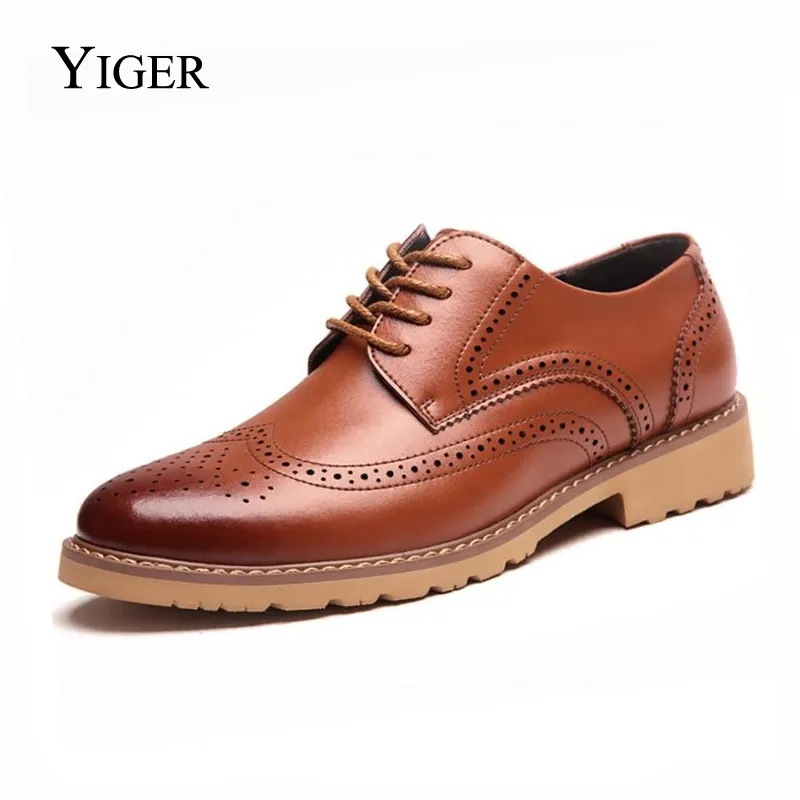 Yiger New Mens Oxford Sole Shoes Wedding Dress Genuine Leather Shoes Mens Laceup Bullock 신발 0046 210312