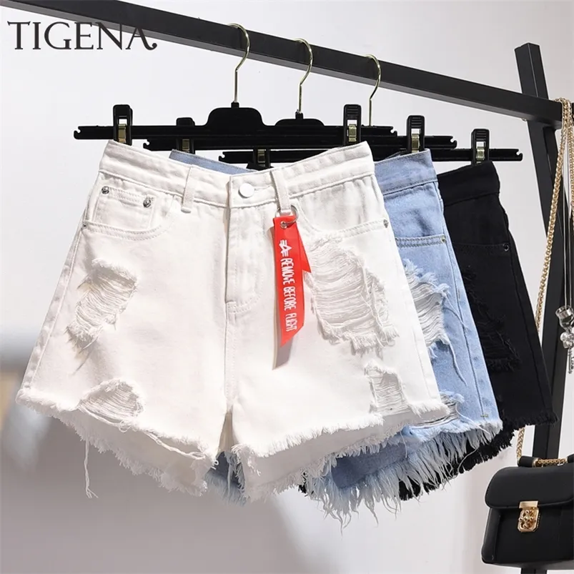 TIGENA Pantalones cortos de mezclilla de cintura alta Mujer 2020 Verano Tallas grandes Bolsillo Borla Agujero Ripped Jeans Corto Mujer Femme Pantalones cortos Mujer T200701