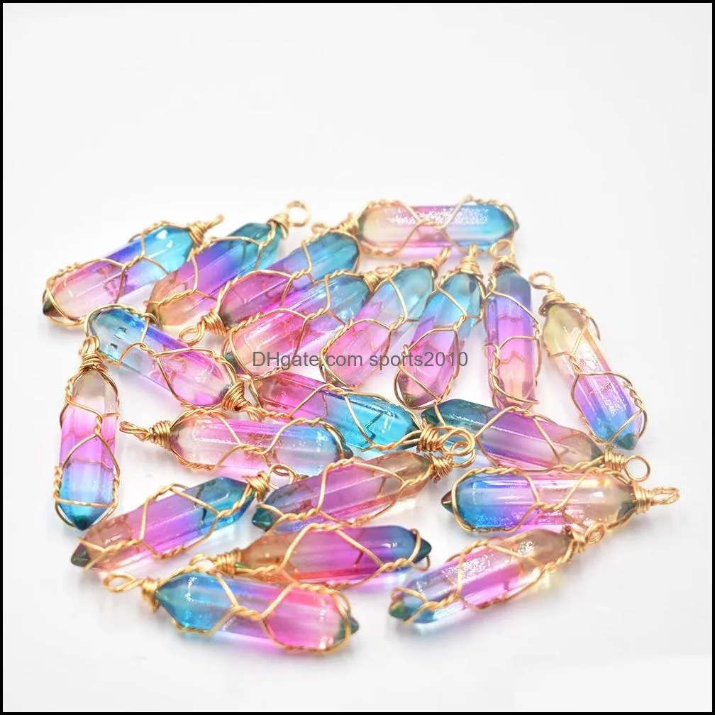 gold wire glass crystal colorful charms hexagonal healing reiki point pendants for jewelry makin sports2010