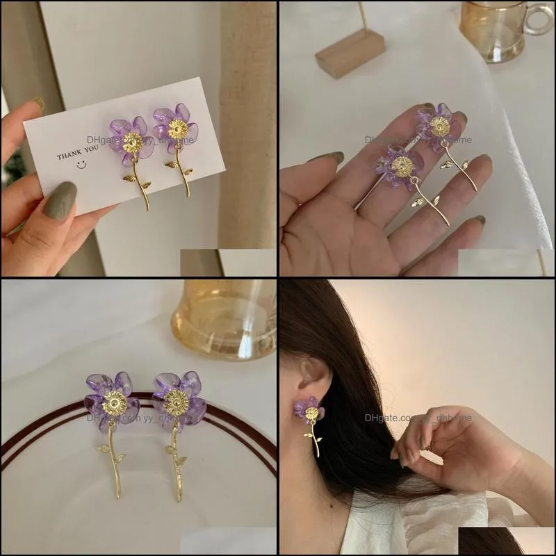 clip-on & screw back fashion simple rose flower clip earrings temperament long acrylic purple on for women non pierced earsclip-on