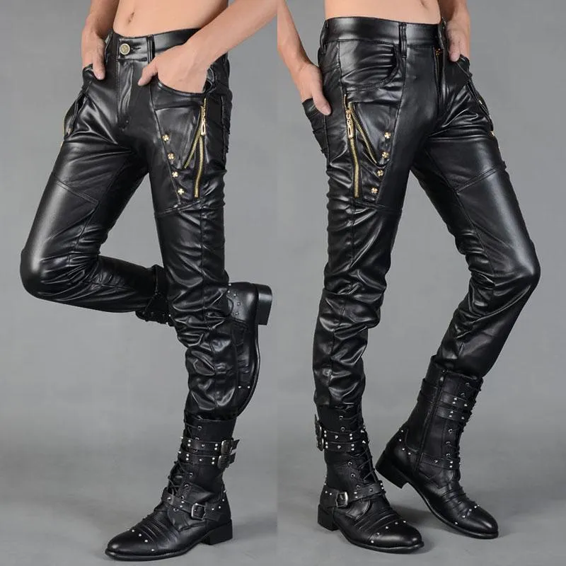 Calça masculina Motocicleta Faux Leather Men Black Moda Pu Male Male Designer de marca de rua