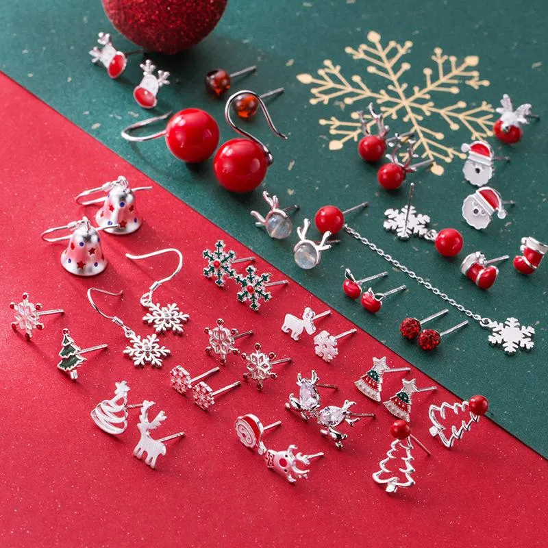 Stud Fine Jewelry S925 Sterling Silver Christmas Earrings For Women Liten Sweet Plant Sweet Snowflake Ear Ornament Santa Claus Giftstud