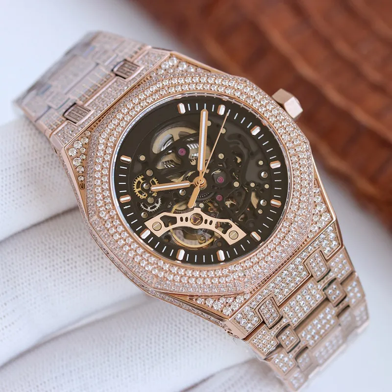 Handgemaakt vol diamanten Watch Heren automatische mechanische horloges 41 mm met diamant bezaaid staal 904L Sapphire Hollow Out Business polshorloges Montre de Luxe