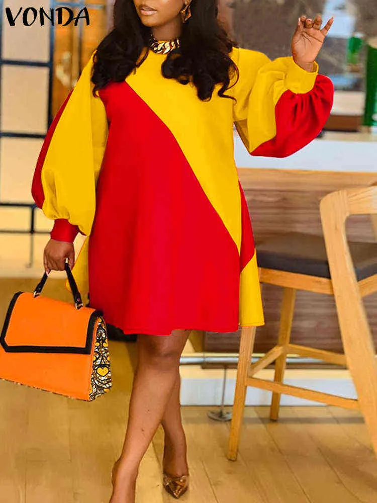 Summer Dress VONDA Women Casual O Neck Vintage Patchwork Long Lantern  Sleeve Dresses Plus Size Party Vestidos Short Robe L220601