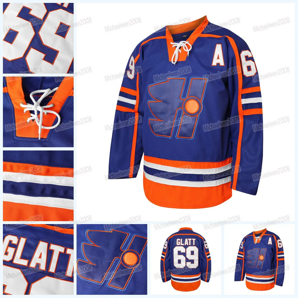 The Thug GOON 69 Doug Glatt Halifax Highlanders Maillots Hockey sur Glace Film Vintage Glatt Jersey Hommes Bleu Cousu Couleur Excellente Qualité