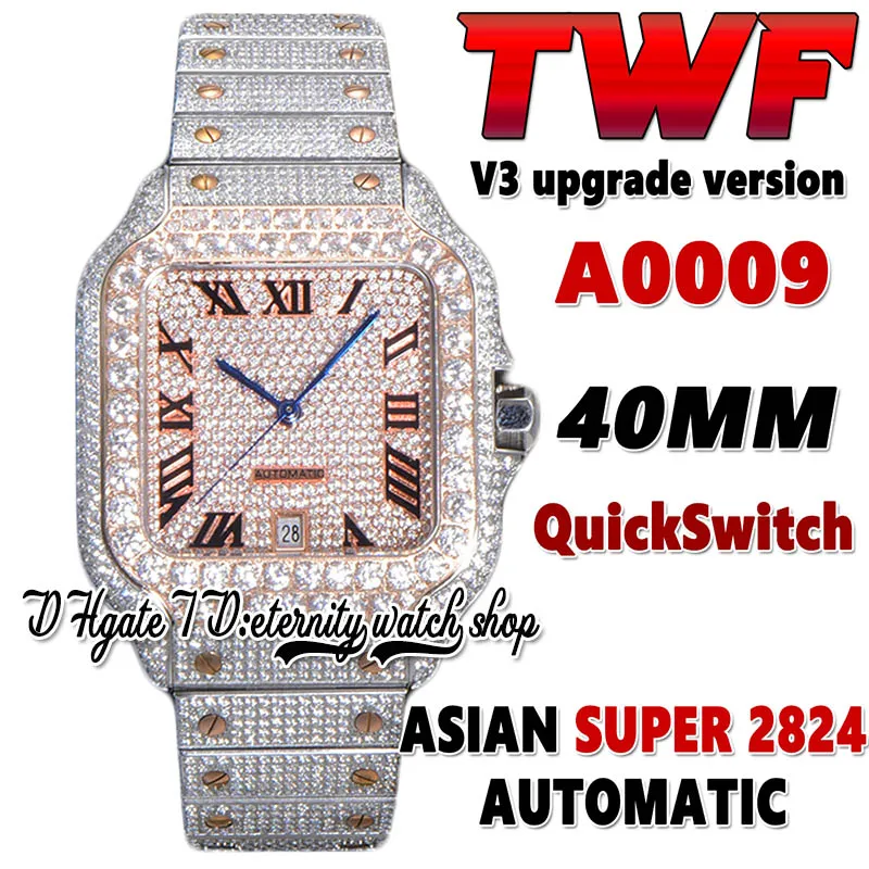 TWF V3 GA0007 Paved Diamonds ETA A2824 Automatic Mens Watch Fully Iced Out Diamond Roman Rose Gold Dial Quick Switch Steel Bracelet Super Edition eternity Watches